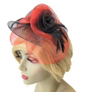 Red and Black Headband Fascinator with Black and Red Rosettes Black Feathers